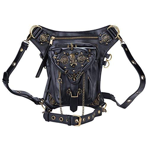 Cestlafit Mujer Hombres Cuero Steampunk Bolso Vintage Hombro Steampunk Bolso Gótico Cintura Packs Pierna Bolsa, Cráneo & Remache, CFB005-2