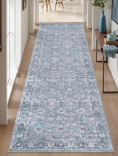 SERISSA Boho Washable Runner Rug, 2'6"x10' Long Non-Slip Vintage Floral Hallway Kitchen Stair Runner Rug Ultra Soft Print Distressed Blue Grey Floor Carpet for Bathroom Laundry Room