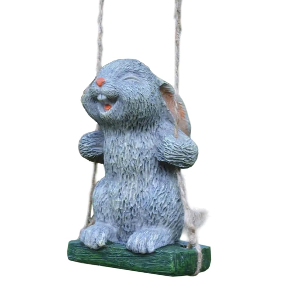 Garden Swinging Rabbit Ornament Resin Bunny Decorative Garden Ornament Lifelike Rabbit Animal Sculpture Patio Decorative Figure Indoor Outdoor Lawn Yard Home Decoration (Grey SwingRabbit)