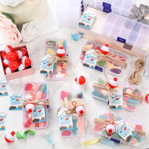 Image of Wonderjune 48 Sets Fishing Party Favors Candy Little Tackle Boxes with Red White Floater Thank You Cards for Making My Reel Fun Fishing Theme Party Decorations