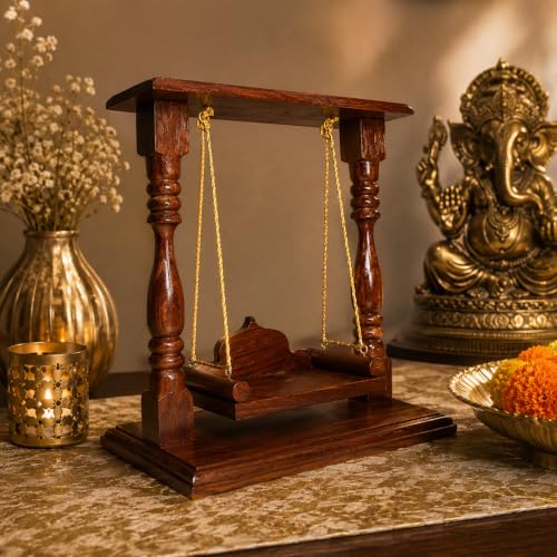 Image of Premium Polished Sheesham Wooden Laddu Gopal Jhula, Shri Krishna Swing Kanhaji, Thakurji, for Bal Gopal Idol, (Size:- 13 inchx12 inchx7 inch), Seat Size :- (8 inchx6 inch) 0 to 4 no Gopal ji (Royal Temple Jhula)
