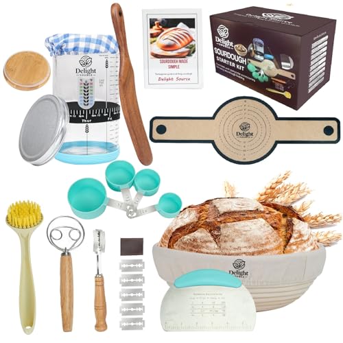 Complete Sourdough Starter Kit with 9" Rattan Banneton & 40oz Glass Jar - Bread Baking Supplies Set Includes Dough Whisk, Lame, Acacia Wood Spatula
