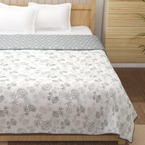Image of Story@Home Quilted Bed Cover King Size Cotton 100%| 150GSM 225 x 240 CM Quilt AC Blanket for Summer | AC Dohar Double Bed | White & Grey, Floral & Moroccan Reversible Design Duvet | All-Season Blanket
