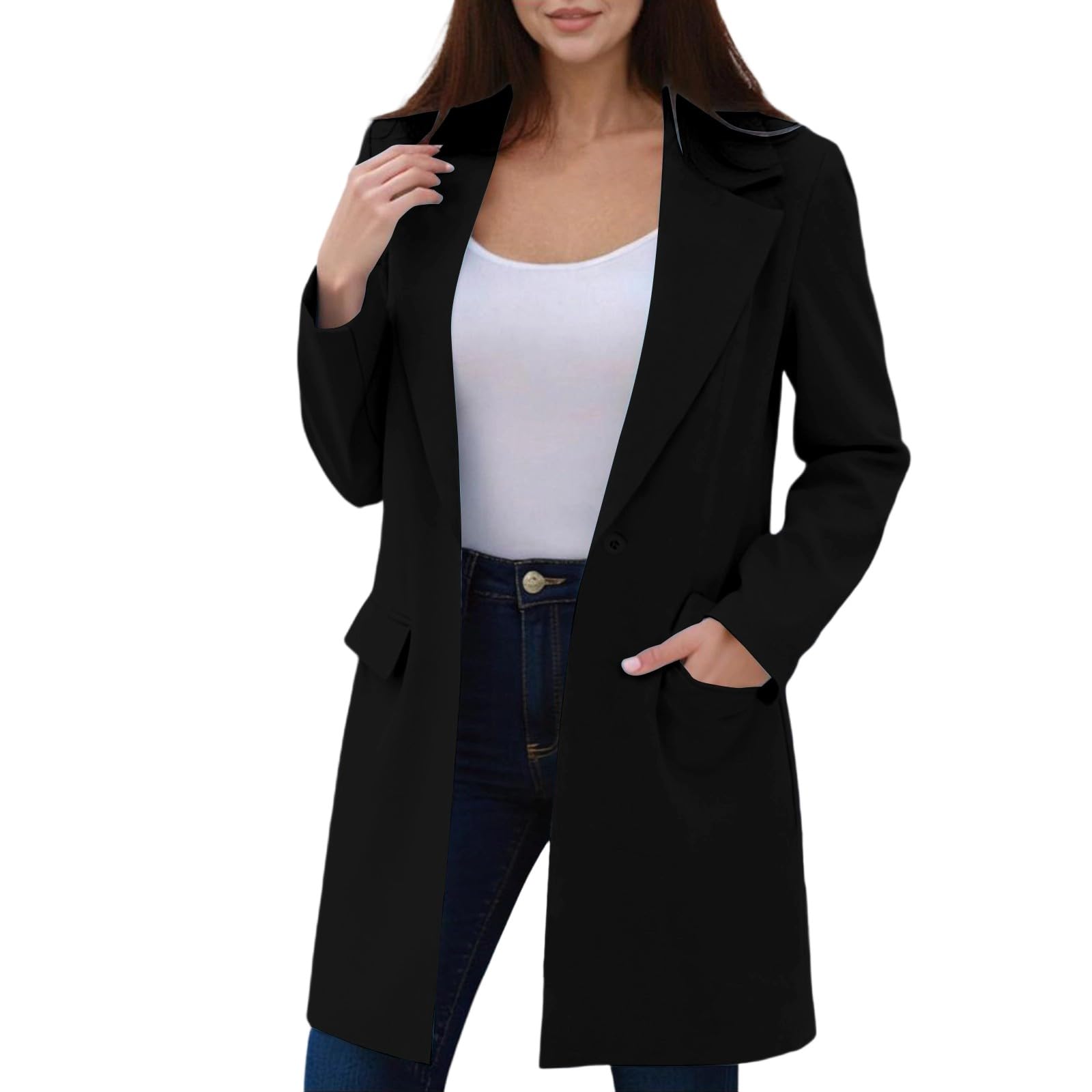 Womens Long Blazer Jacket Business Casual Open Front One-Button Suit Jackets Notch Lapel Work Office Cardigans