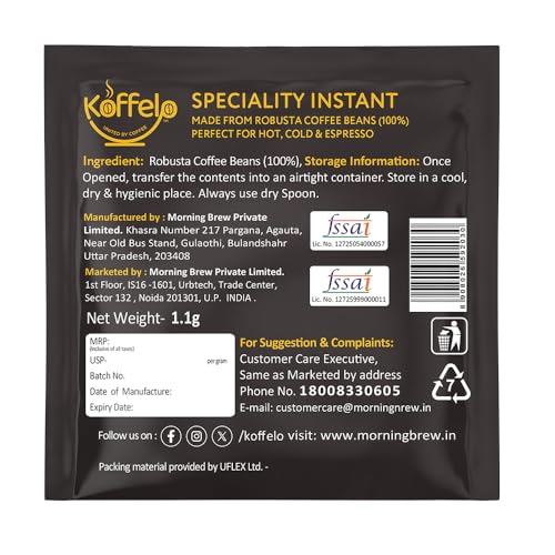 Image of Koffelo Premium Instant Coffee | 100% Indian Robusta Beans | Perfect for Hot, Cold & Espresso | Rich, Velvety & Aromatic | Speciality Instant Coffee (72 units x 1.1 g each)