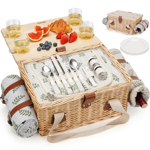 HappyPicnic Picnic Basket for 4, Handmade Wicker Picnic Set with Folding Table and Waterproof Blanket, Large Insulated Picnic Basket with Wine Bag & Cutlery Kit for Picnic, Camping, Holidays (Leaf)