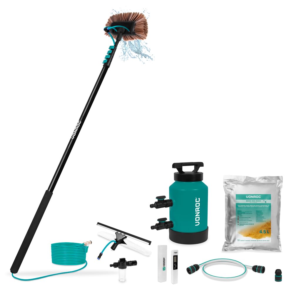 VONROC Kit Pulizia Pannelli fotovoltaici, 6,5m, + Filtro ad Acqua Pura di – Pulizia Senza Aloni per Vetri, Auto, Camper e Pannelli Solari – con Resina 4.5L, TDS Meter, Dosatore Sapone
