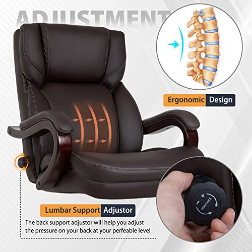 Big And Tall Office Chair Wide Seat Ergonomic Desk Chair With Lumbar Support Wood Armrest High Back Pu Leather Executive Task Computer Chair For Heavy People #TOP3