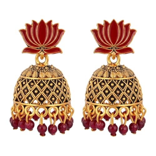 Image of OnlyKing Traditional Lotus Meenakari Jhumka Earrings for Women & Girls | Gold Color Oxidised Ethnic Floral Jhumki | Temple South Indian Style Ear rings Set | Stylish Trending Big Colorful Jhumkas (Available in 12 Colors)