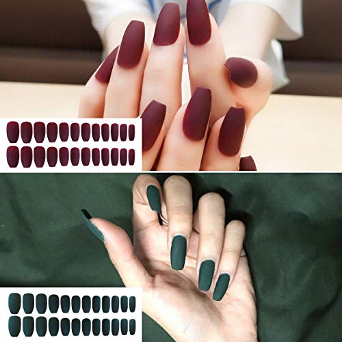24 Pcs x 2 Packs Acrylic Coffin Matte Press on Nails - Ballerina Professional Nail Art Tips Sets, Medium False Nails, DIY Fake Nails, Beautiful Gift for Women(Wine & Dark Green)