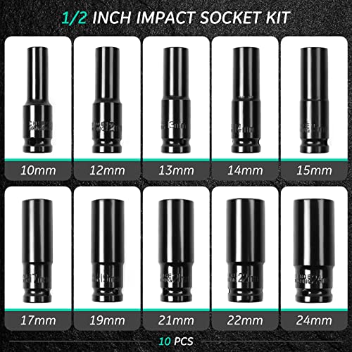 Image of Takuoo 10pcs 1 /2 inch Impact Socket Set 10, 12, 13, 14, 15, 17, 19, 21, 22, 24mm.