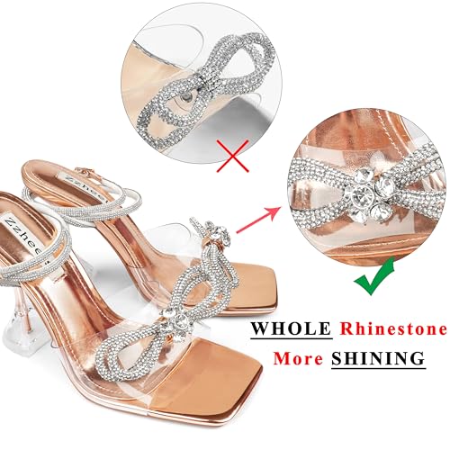 Image of Zzheels Double Bowknots Crystal Clear Shoes Strappy Sandals | Clear Slingback Heels, Rhinesotne Bow Sandals, Square Toe, Elegant Heels