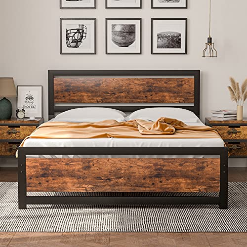 Queen Bed Frame Metal Bed Frame Queen with Wooden Headboard Heavy Duty Platform Metal Bed Frame with Square Frame Footboard & 12 Strong Steel Slat Support No Box Spring Needed Easy Assembly Noise Free