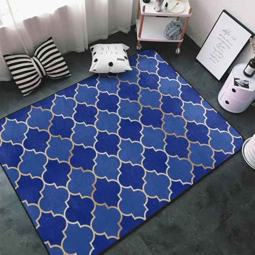 Alfombras de área para decoración de sala de estar, forma de farol de rejilla azul y dorada, antideslizantes, lavables de 3 x 5 pies para dormitorio, alfombra interior suave para dormitorio, sala de