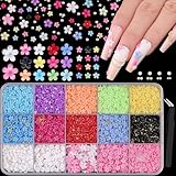 3D Flower Nail Charms for Nail Art, Cute Colorful Acrylic Floral Nail Charms with Caviar Beads and Flatback Pearls, Spring Blossom Petal for Manicure Nail Decor DIY