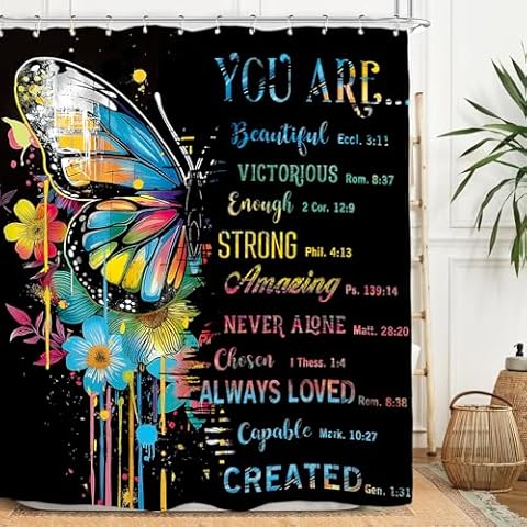 Miyotaa Colorful Butterfly Shower Curtain Set 60Wx71H Inches Quotes Inspirational Motivational Positive Art Bible Waterproof Bathroom Curtain Cover
