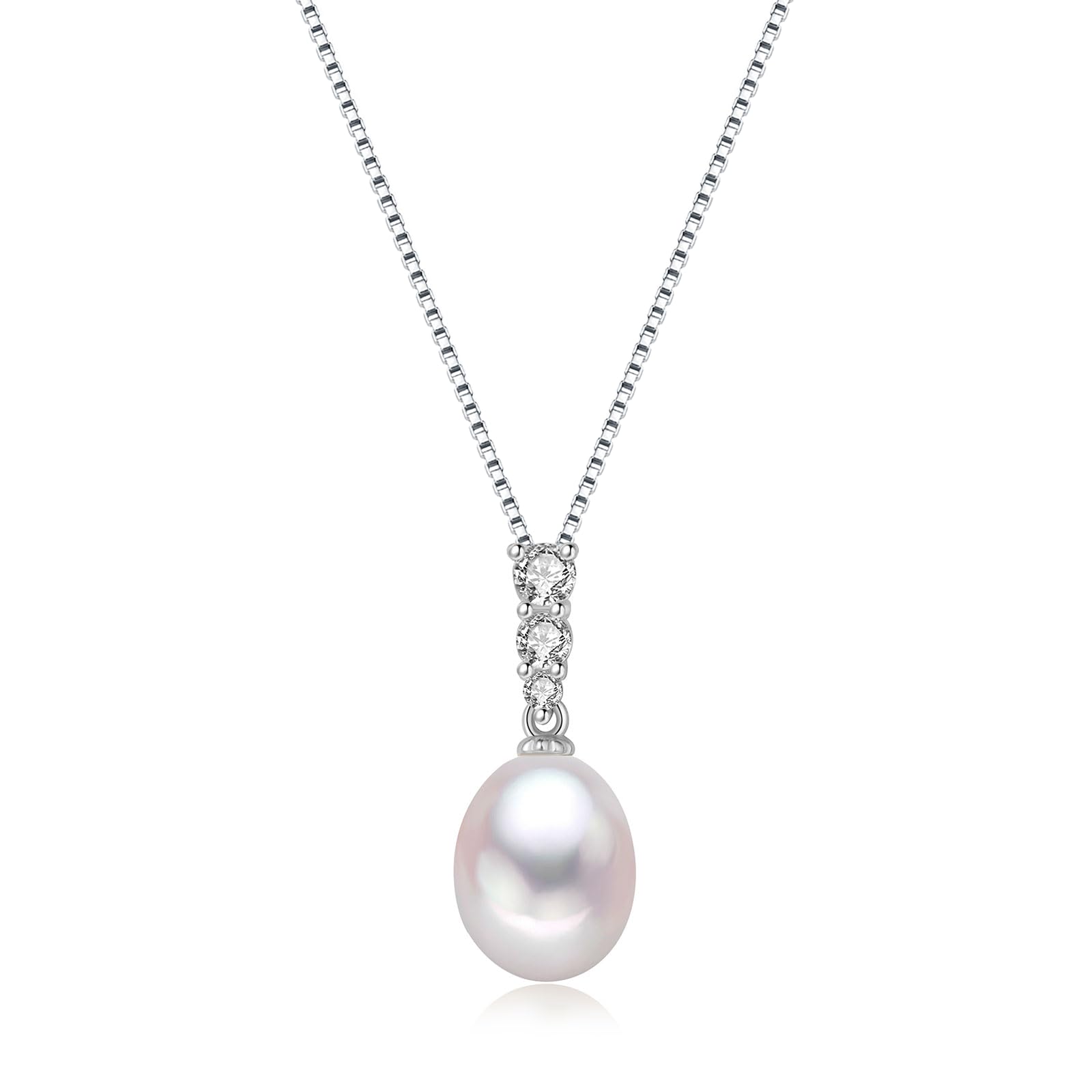 BAMIKI Pearl Drop Necklace, Freshwater/Saltwater Cultured Pearl 9-10MM, 925 Sterling Silver, Adjustable Chain 18+2", Three CZ, Elegant Birthday &