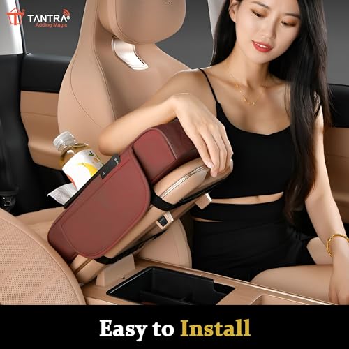 Image of TANTRA Premium Car Armrest Cushion Organizers, 5-in-1 Center Console Cover with 2 Storage Bags Cup Holder, Tissue Box Slot, Phone Slot for Sedans, Car Accessories Interior Organizers (Brown)