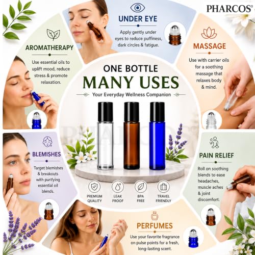 Image of PHARCOS Classic Transparent Glass Roll On Bottles with Black Cap for Essential Oils, Perfumes, Lip Balms, Aromatherapy | Refillable Reusable & Eco- Freindly Leakproof Bottle - 10ml (Pack of 3)