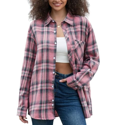 Image of SANGTREE Women and Girls Long Sleeve Flannel Casual Button Down Plaid Shirt