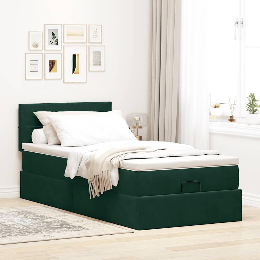 Juego otomana con colchón e iluminación LED, color verde oscuro, 100 x 200 cm, terciopelo doble, con espacio de almacenamiento, cama tapizada, cama de metal, cama infantil, sofá cama