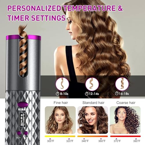 Image of Cordless Automatic Hair Curler - Portable Curling Iron With LCD Temperature Display, Fast Heating, Auto Rotating, USB Rechargeable for Travel and Home