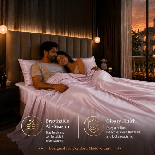 Image of Cloth Fusion Flat Satin Bedsheet Super King Size 108x108 inch | Baby Pink, 2 Pillow Covers, 300 TC, Glossy Finish, Smooth on Hair and Skin, Gift for Couples, Wedding & Anniversary