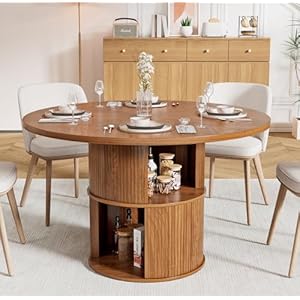 47 inch Round Dining Table for 4, Farmhouse Kitchen Dining Table with 2-Layer Storage Shelf and Fluted Panel, Modern Wooden Dining Room Table for Home, Kitchen, Living Room (Walnut)