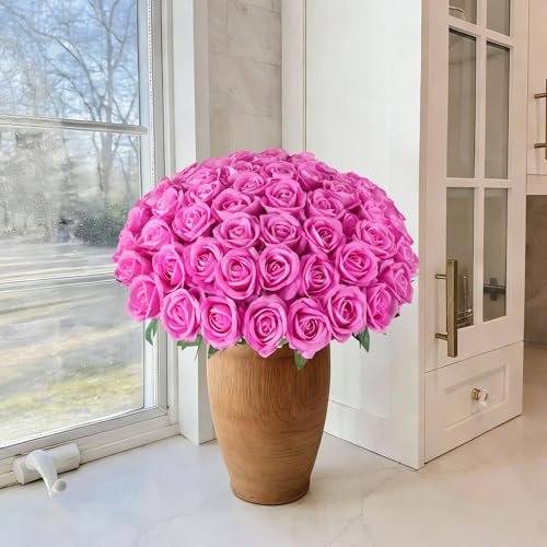 Image of HyeFlora 50 PCS Roses Artificial Flowers, Fake Roses with Stem Realistic Hot Pink Silk Rose for DIY Wedding Bouquets Table Centerpieces Arrangements Baby Shower Birthday Home Decor for Her