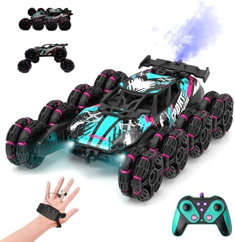 FORESTDREAM RC Stunt Car, 8-Wheel Remote Controlled Car from 4-10 Years, Off-Road Vehicle with Spray, LED & Music, 2.4 GHz Toy Car for Boys & Girls, Toy from 5 6 7 9 Years Boy (Green)