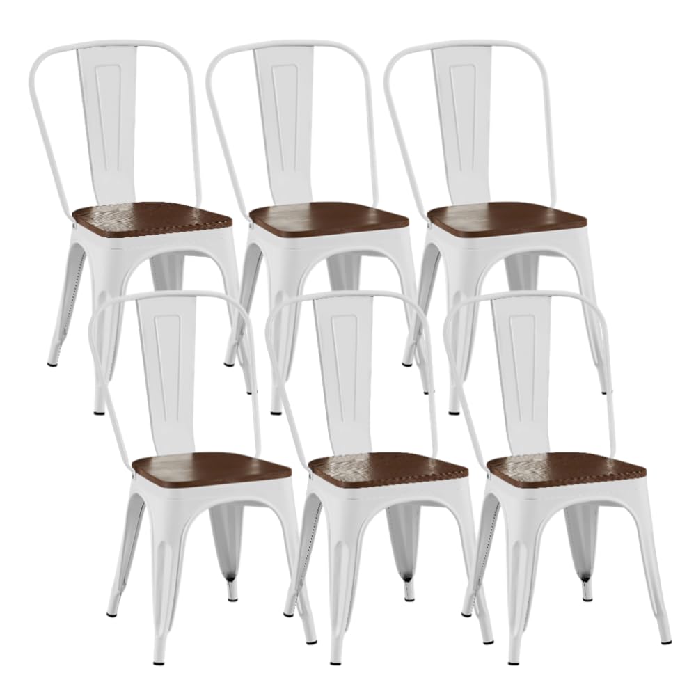 SOLEGGIATA White Metal Dining Chairs Set of 6 with Wooden Seat Iron Stackable Industrial Tolix Style Outdoor Farmhouse Kitchen Cafe Arctic White Color