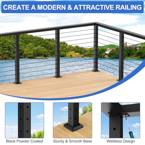 Image of 36 inch Cable Railing Corner Post(Post 35 inchx2 inchx2 inch), 2 Pack 90 L-Drilled Flat Top Corner Post, Stainless Steel Black Surface Mount Deck Cable Railing Post for Indoor Outdoor, MY08-C
