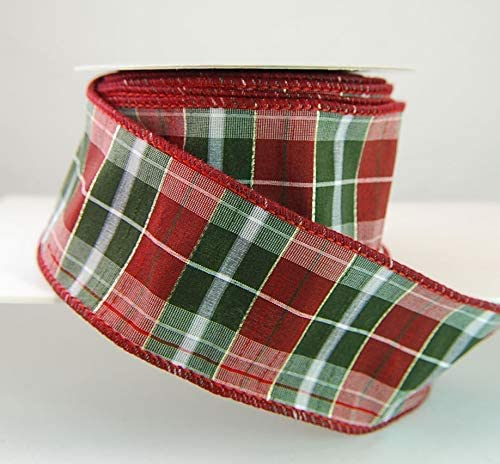 Wired Burnham Dupioni Multi Color Burgundy and Dark Green Plaid Christmas Ribbon 2 1/2" - 25 Yards
