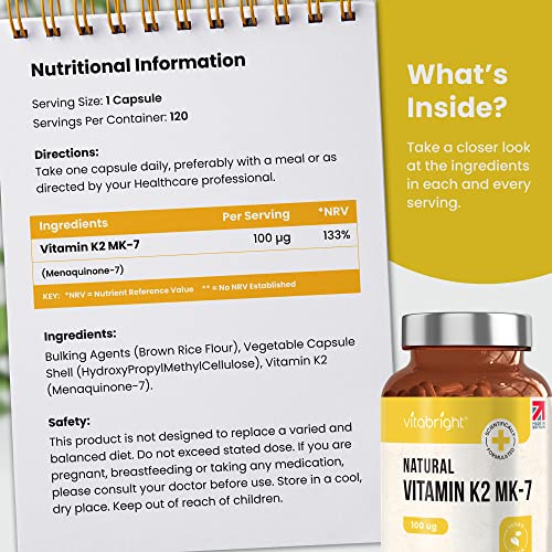 VitaBright Vitamin K2 MK7 100mcg | 120 Capsules | Vegan from Natto - NO SOYA | High Strength K2 Vitamin Supplements | VIT K MK7 for Bones & Blood Health | K2MK7 Vitamins | Made in Britain - Image 3