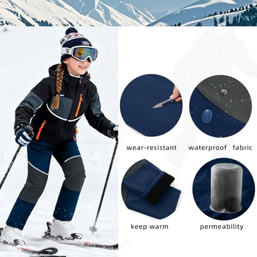 MEILONGER Jungen Mädchen Schneehose Kinder Skihose Wanderhose Softshellhose Outdoorhose Winddicht Warm Snowboardhose Winter Thermohose Trekkinghose(Marineblau Grau,170-176)
