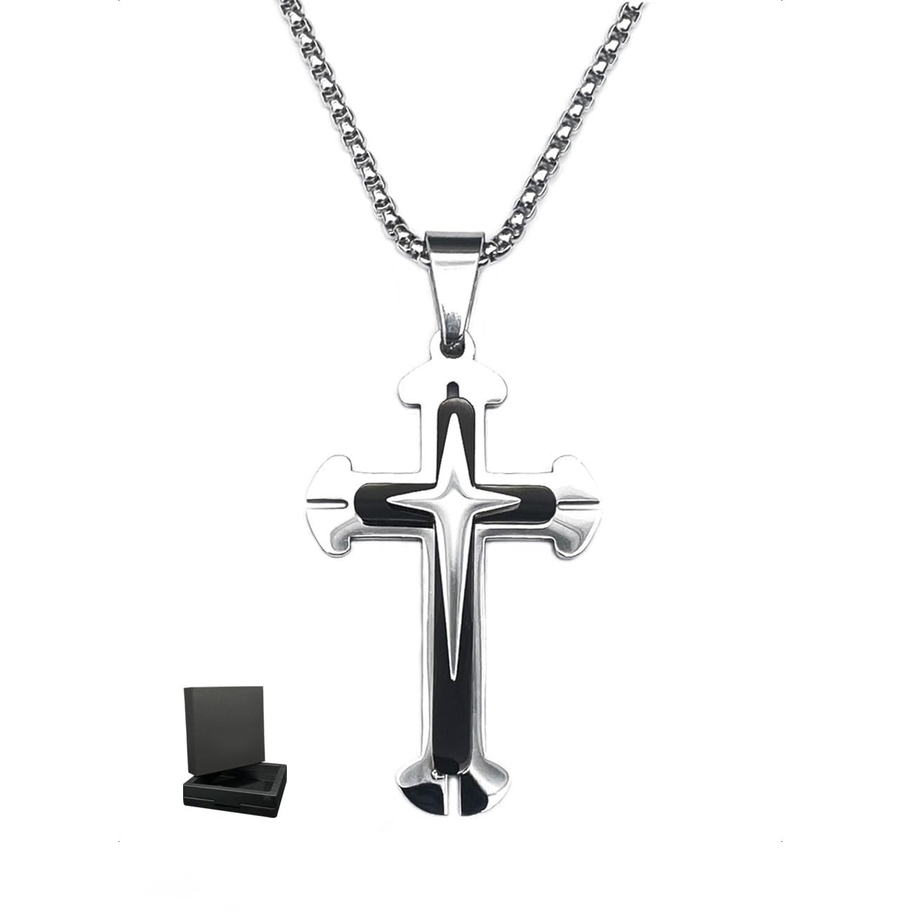 KONFENCollar Acero Inoxidable Hombre, 3mm * 24" Cadena Crucifijo 304 Acero Inoxidable, 60cm Collares Cadenas Cruz Necklace Men Cruces Pingente Regalo para Homem Chico Chapa (Plata y Negro)