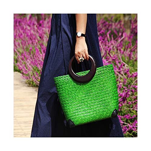 Image of Hand-woven Womens Straw Large Boho Handbag Bag for Women, Summer Beach Rattan Tote Travel Bag with Wood Round Top Handle (Green)