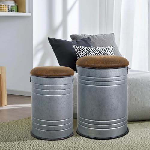 Rustic Storage Ottoman Seat Stool Set of 2 Farmhouse Accent End Table Galvanized Metal Barrel Ottoman Storage Stool with Round Brown Upholstered Lid for Living RoomBedroom FurnitureGrey