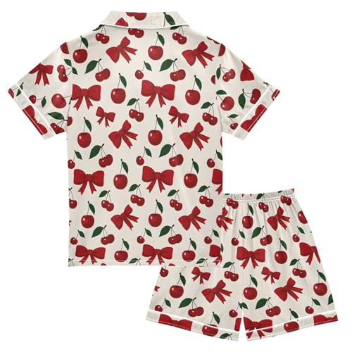 ALAZA Cherry Bow Leaf Retro Satin Pajamas Set Short Sleeve Button Down Sleepwear Summer Pjs 2 Piece2
