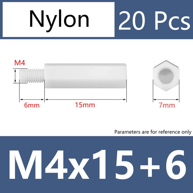 Plastic Standoff Screws Single end Female Threaded Insulation Stud Nylon Hex Spacer Standoffs Hexagonal Pillar M4 x 15 +6mm 20 Pcs