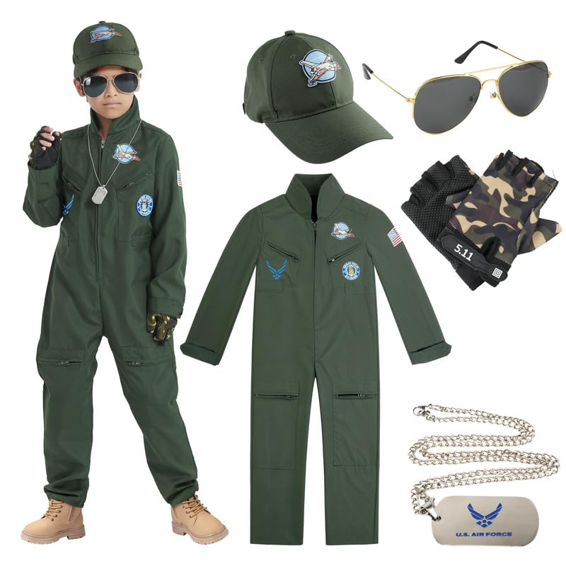 Udekit Piloten kostüm für Kinder, Kampfflugzeug Pilot Cosplay Kostüm mit Mütze, Brille, Handschuhen, Anhänger für Halloween...