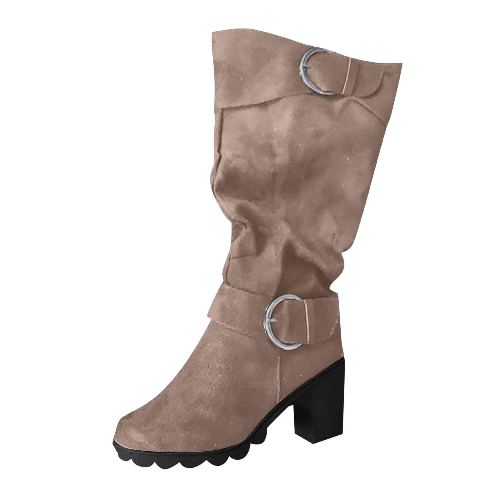 Womens Mid-Calf Velvet Boots with Buckle Decoration Chunky Heel for Fall and Winter