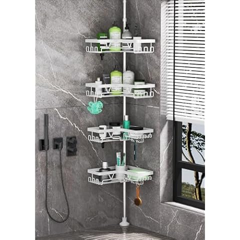 KEGII Corner Shower Caddy Tension Pole - White Shower Tension Rod Organizer, Floor to Ceiling Shower Caddy 25-114.2 inch, Towel Rack Corner Waterproof Cover