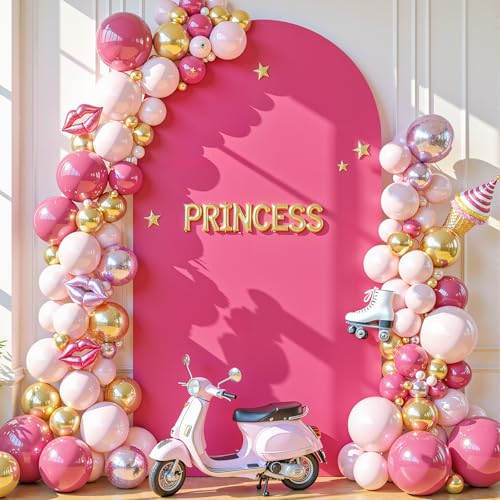 Image of Hot Pink Arch Cover, 7.2FT Spandex Fitted Wedding Arch Stand Covers Round Top Chiara Backdrop Cover for Valentine's Day Birthday Party Ceremony Banquet Decoration