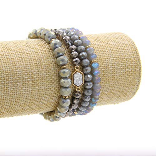 Image of Gold Beaded Bracelet Set, Square Stone Hexagon Druzy Stretch Beaded Stackable Bracelets Bangles
