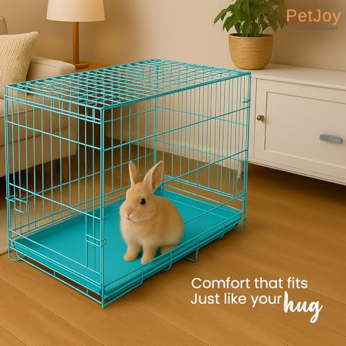 Image of PETJOY Foldable Metal Dog Cage | 36 Inch Dog Crate Kennel for Puppies, Large Dogs, Cats & Rabbits | Double Door with Secure Lock, Removable Leak-Proof Tray | Portable & Easy to Clean Pet Cage (Blue)