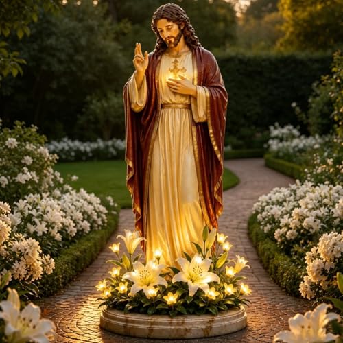 Blessed Light of Jesus Garden Sculpture Resin Religious Christian Statue with LED Floral Lights Risen Easter Statue Glowing Christian Gifts for Outdoor Garden Decorations(1pc)