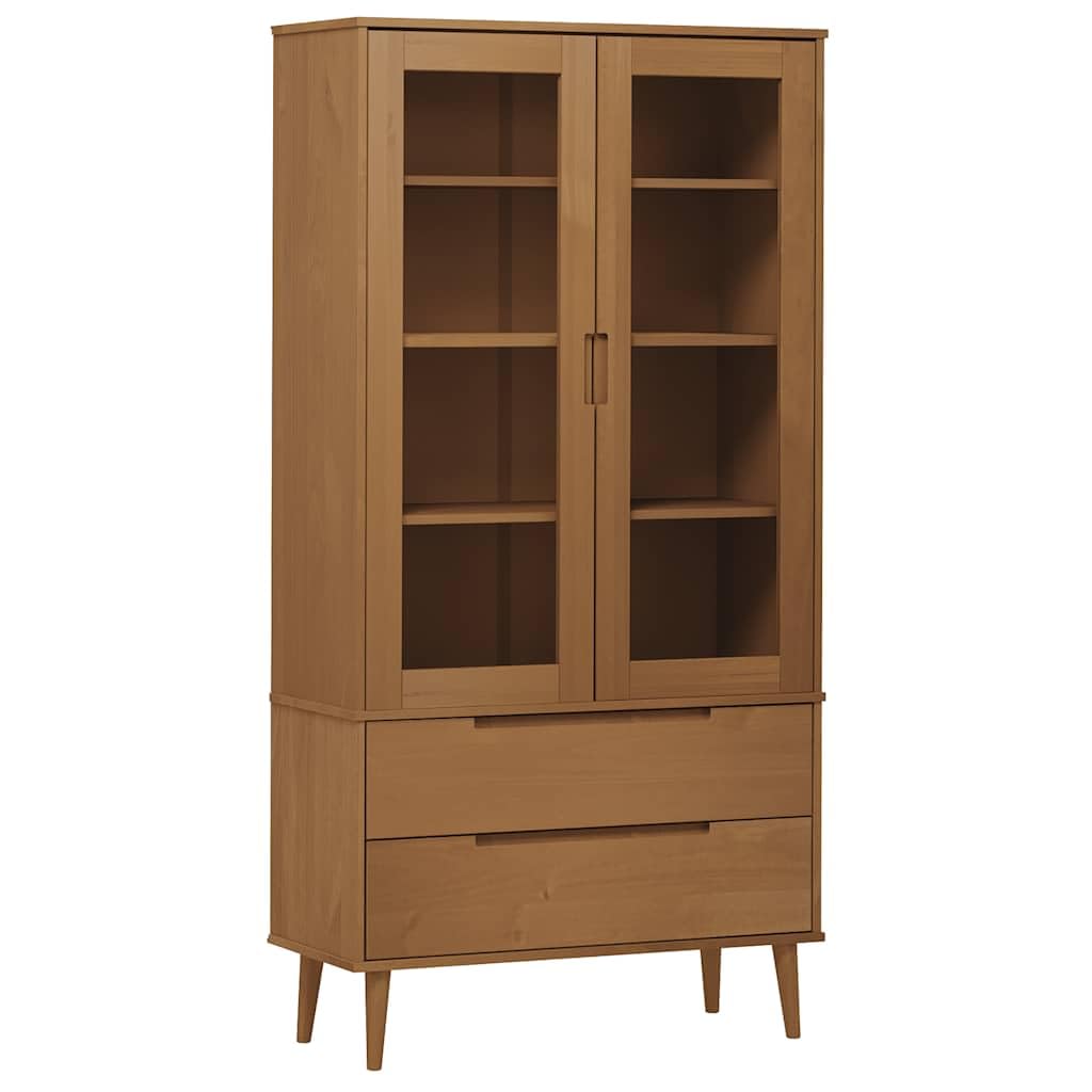 Vitrina escandinava de madera maciza de pino marrón con acabado lacado UV y 2 cajones y 4 compartimentos