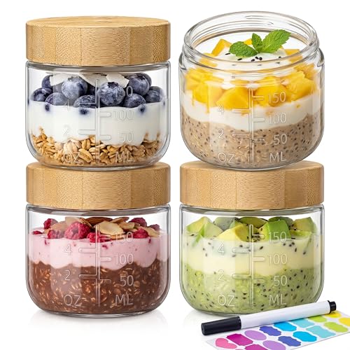 6 oz Small Glass Jars with Bamboo Lids Overnight Oats Containers 4 Pack
