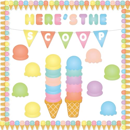 AsodSway Ice Cream Bulletin Board Cutouts - 144P Summer Party Heres The Scoop&Ice Cream Top Cone Trim First Day of School Borders Cutouts Home Back to School Classroom Blackboard Wall Decorations